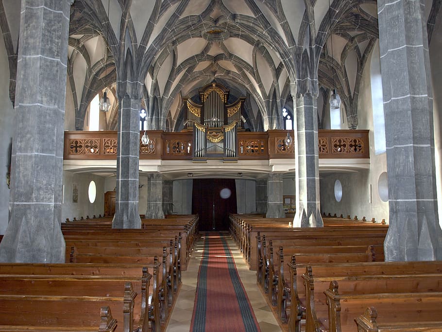 brown, wooden, pew bench lot, weistrach, hl stephan, church, interior, aisle, benches, organ