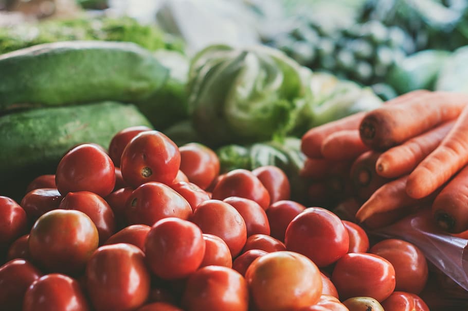 foto potret, sayur-sayuran, tomat, wortel, pasar, kios, pajangan, warna-warni, matang, makanan