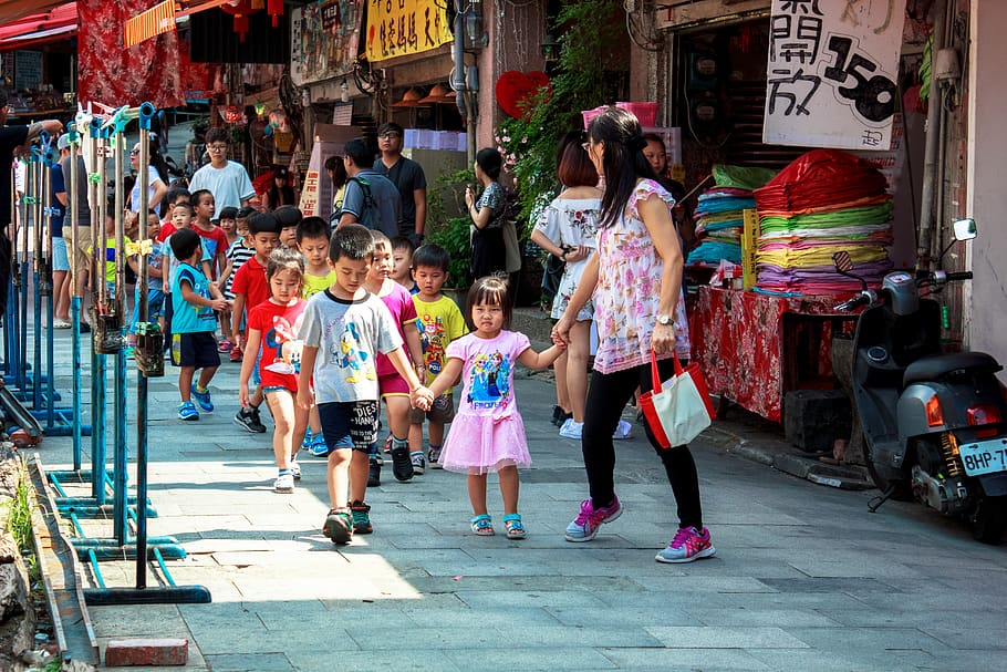 Taiwán, niños, asiático, personas, caminata, recorrido, excursión, estudiantes, grupo de personas, personas reales