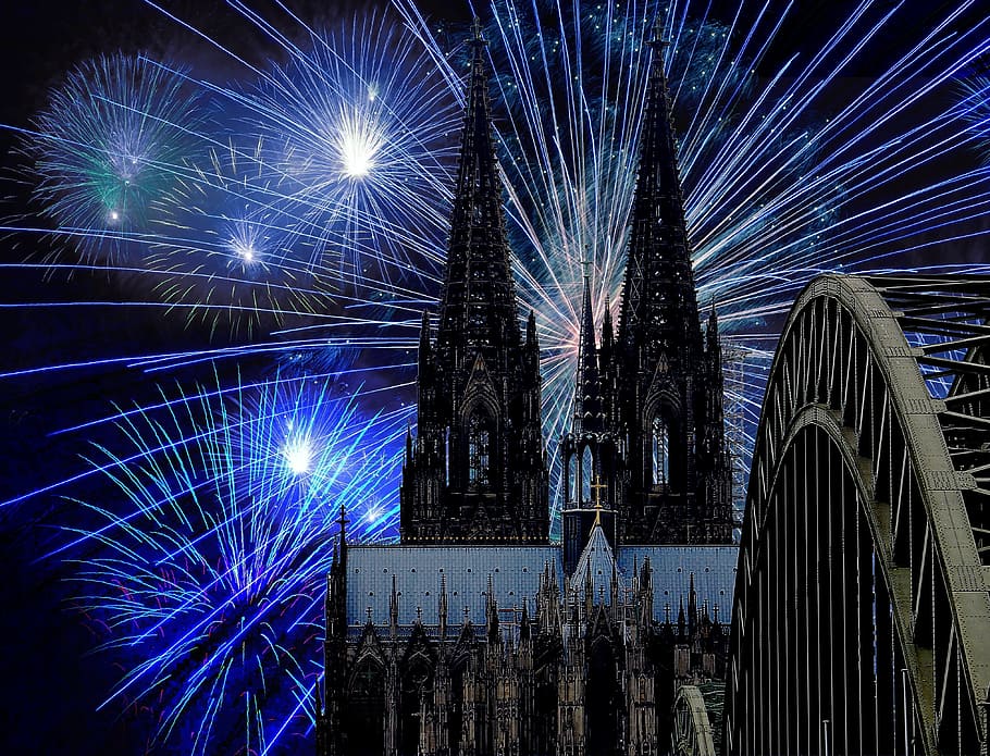 hitam, kastil, ilustrasi kembang api, bangunan, biru, kembang api, katedral cologne, kegelapan, malam tahun baru, romantis