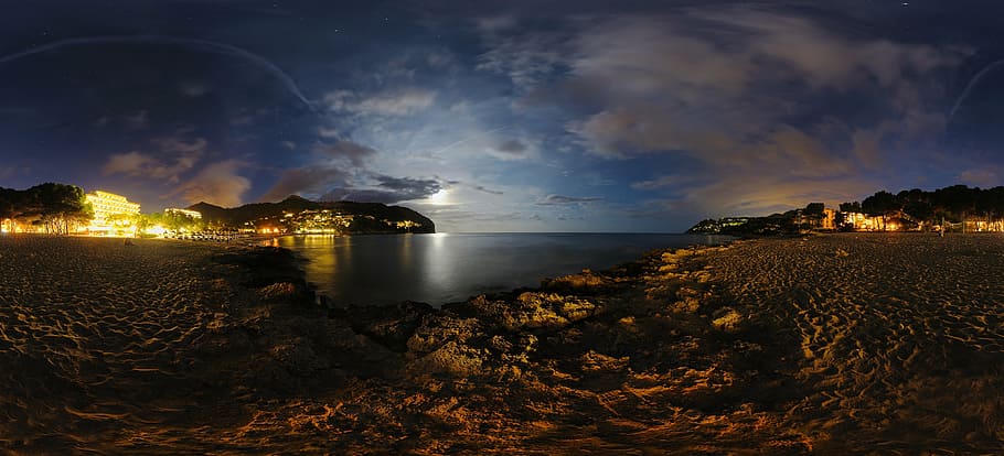 panoramic, photography, lightened, buildings, shoreline, nighttime, mallorca, panorama, night, sea
