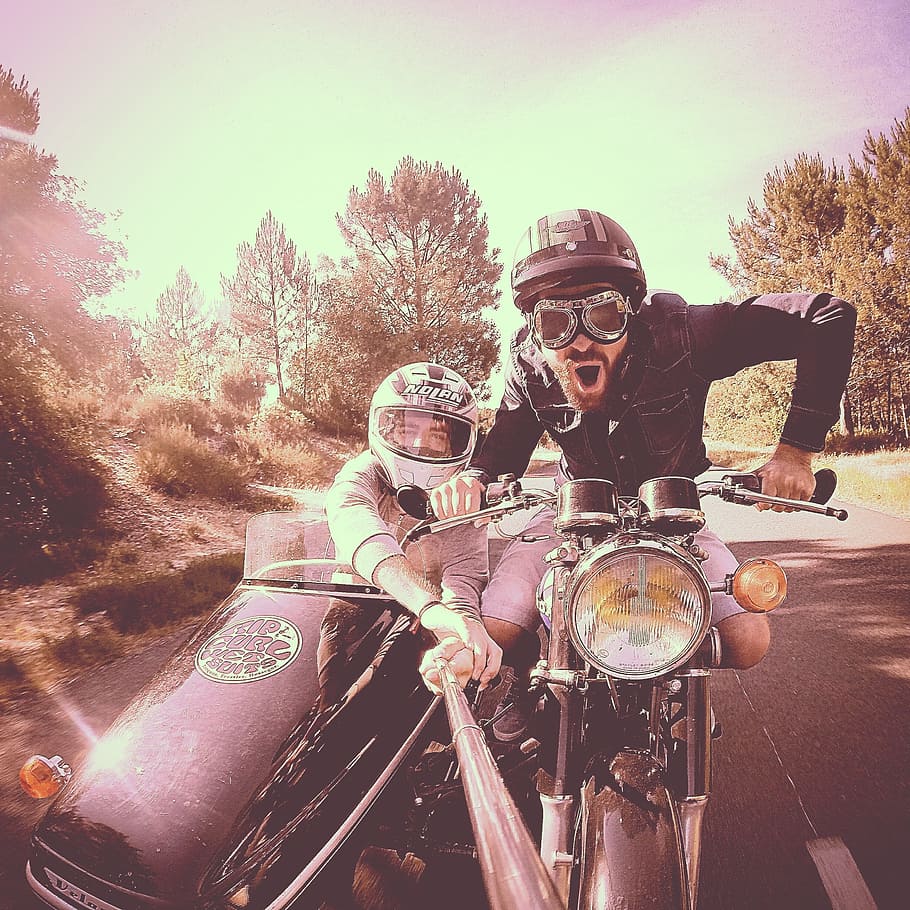 dois, pessoa, montando, padrão, motocicleta, side-car, Fotografia, motocicleta padrão, retrô, vintage