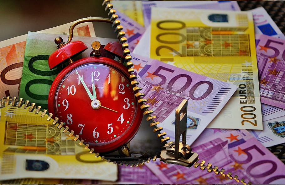 billete de banco en euros, tiempo, digital, papel tapiz, el tiempo es dinero, moneda, euro, reloj, reloj despertador, dinero