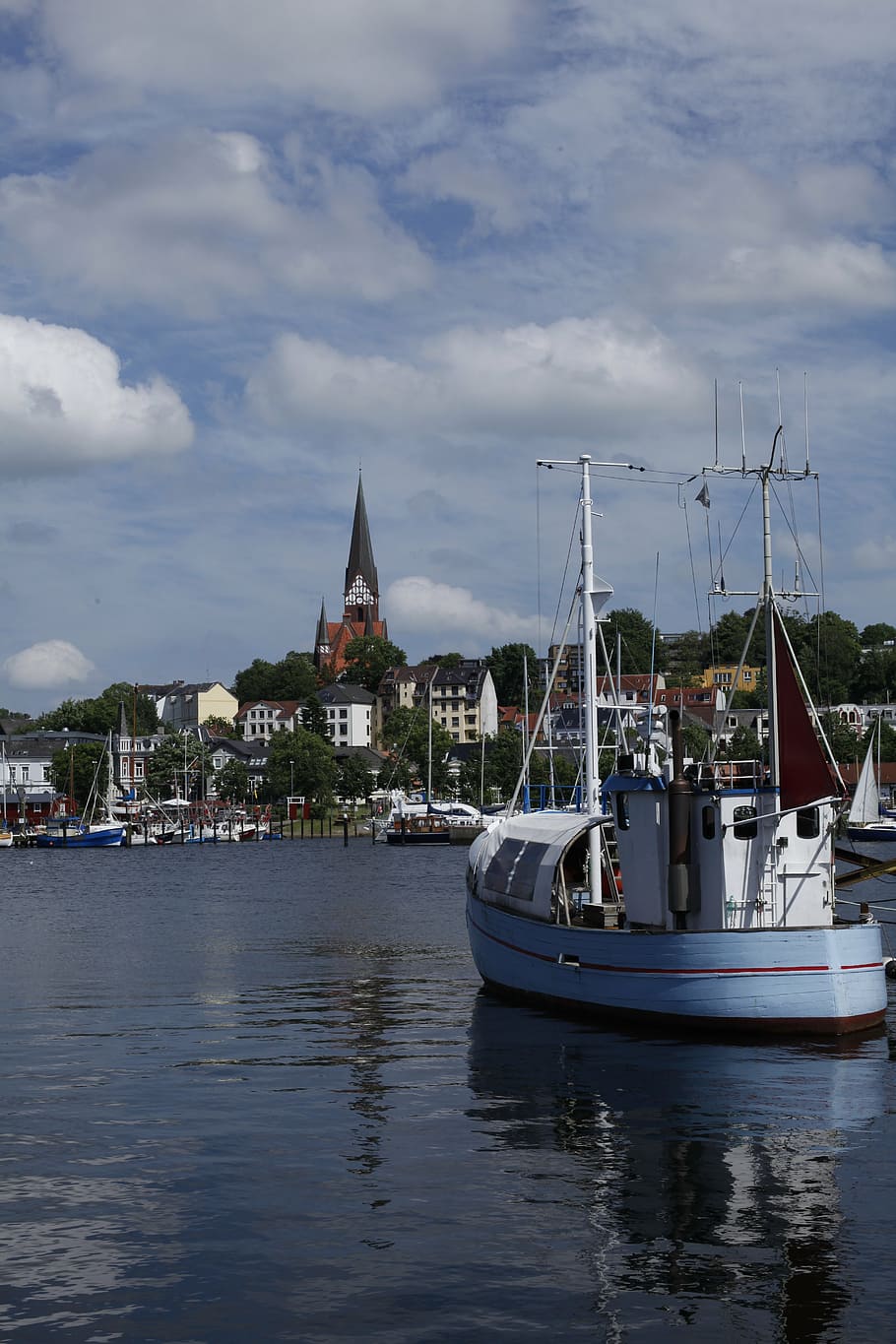 flensburg, port, st jürgen, water, boats, fjord, church, summer, coast, baltic sea