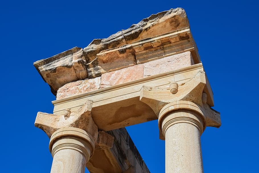 baixo, vista de ângulo, bege, concreto, posto do coliseu, Chipre, Apollo Hylates, Santuário, antigo, grego