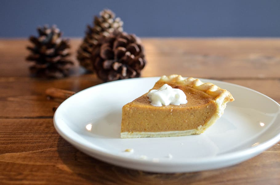pie, white, plate, pine cones, closeup, thanksgiving, thanksgiving dinner, autumn, fall, food