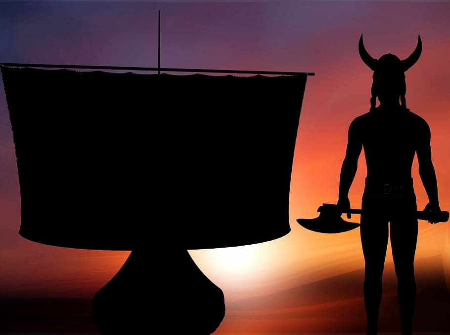 sailboat illustration, silhouette, viking, nordmann, warrior, fighter, sailing vessel, sky, ship, axe
