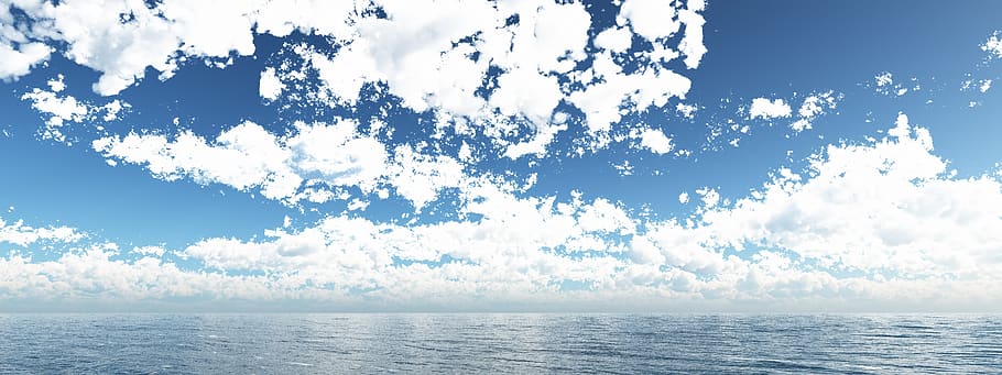 ocean, clouds, sky, sea, landscape, cgi, seascape, blue, water, beauty in nature