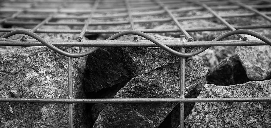 cage, stones, grid, black and white, atmosphere, architecture, building, street, city, macro