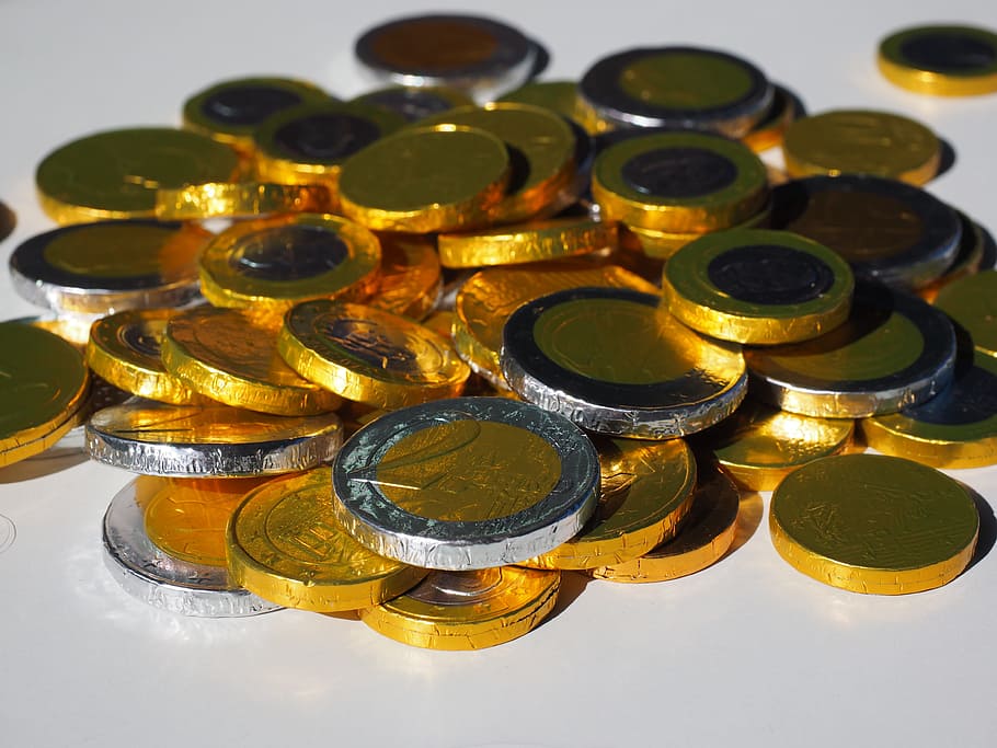 dinero, monedas, taler de chocolate, monedas de chocolate, euros, oro, plata, tesoro, valioso, especie