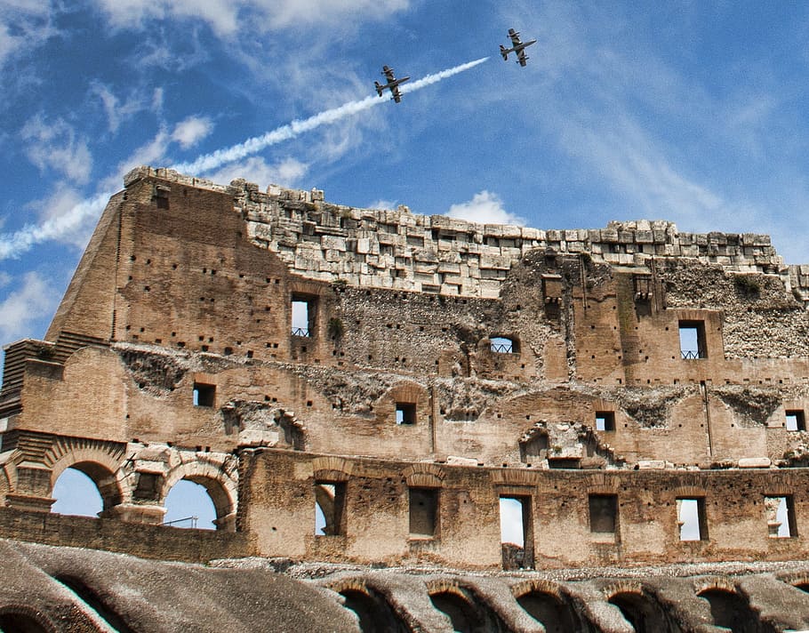 closeup, photography, brown, colosseum, two, aircrafts, italy, rome, architecture, europe