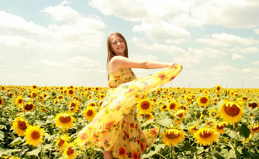 Sunflower, Girl, Dress, Yellow, one person, one woman only, one young woman only, young adult, only women, beautiful woman