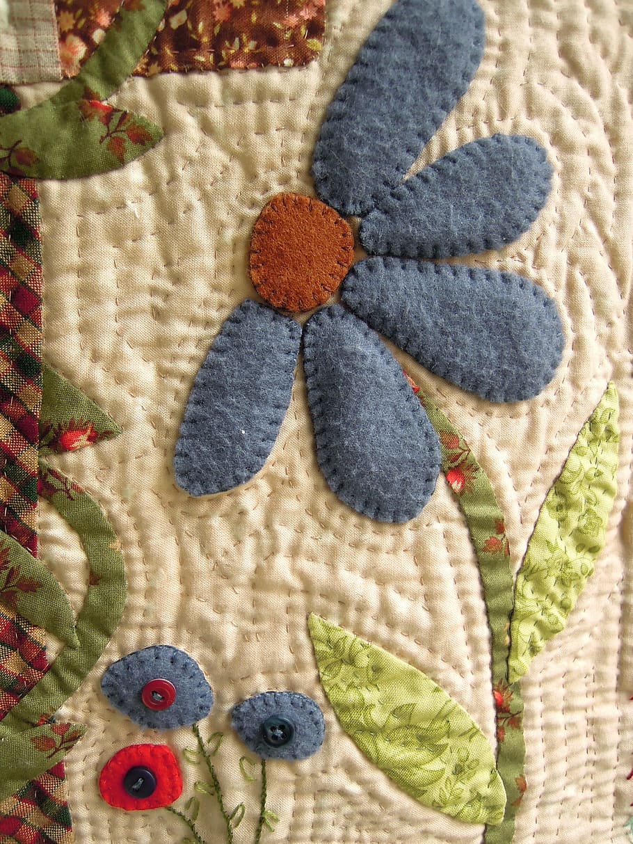 beige, azul, floral, telas, flor de tela, patchwork, trabajo, costura, acolchado, edredón