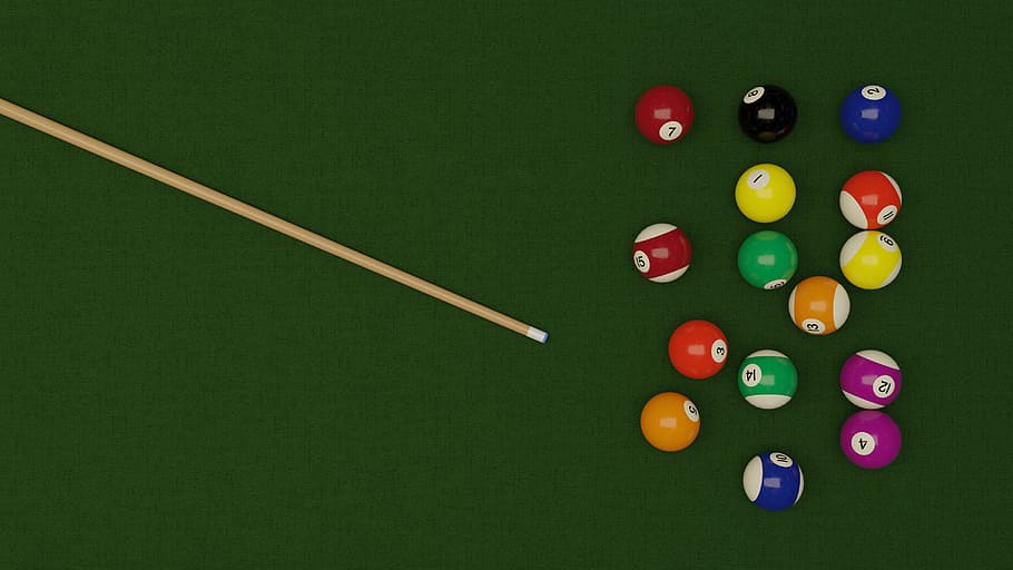 billiard ball, set, brown, cue, stick, billiards, balls, table, cloth, play