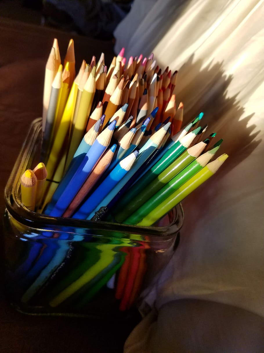 kreativitas, seni, warna, cerah, mewarnai, pendidikan, pensil, kerajinan, cahaya, palet