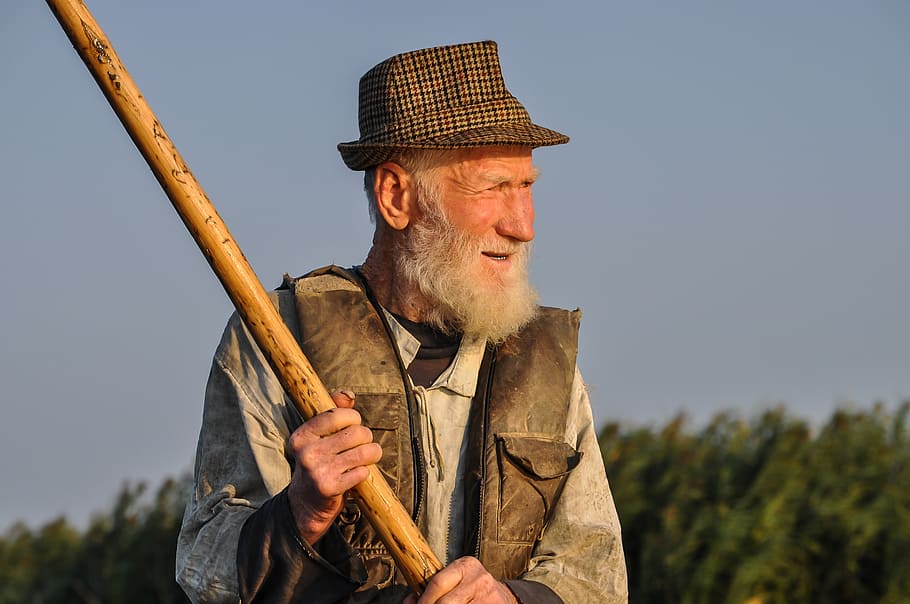man, holding, brown, wood, stick, outdoors, old, fisherman, portrait, content