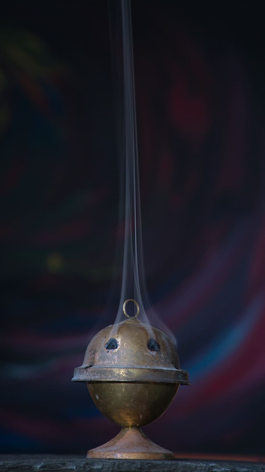incense, avengers, censer,, smoke, prayer, close-up, indoors, metal, single object, focus on foreground
