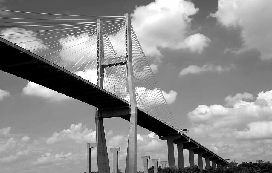 bridge span, bridge, black and white, savannah, georgia, usa, river, landmark, city, water