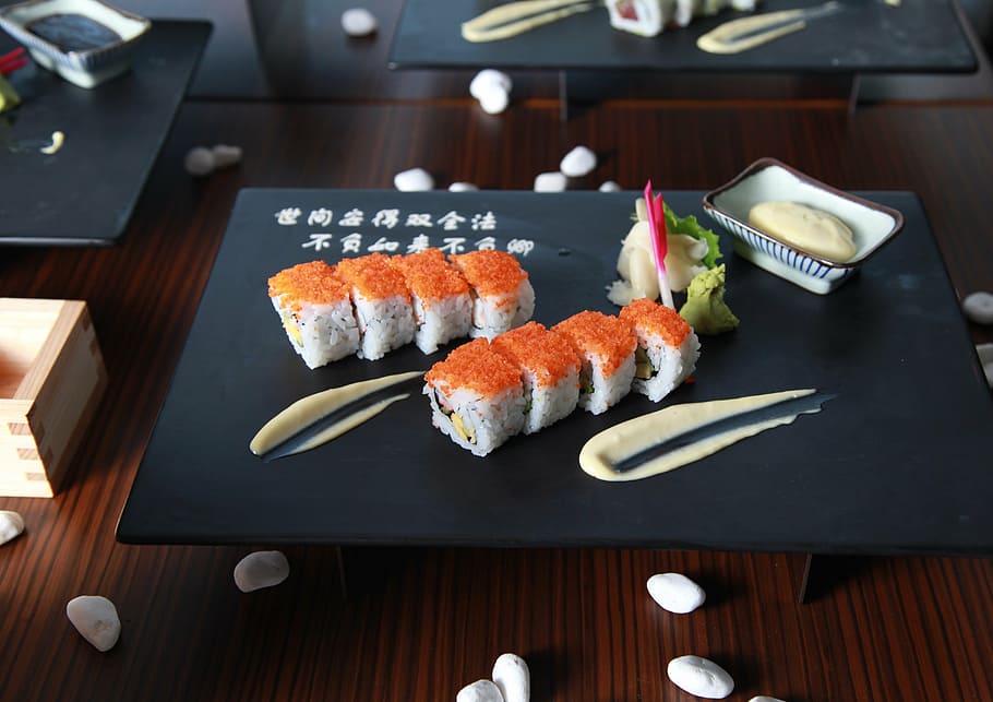 sushi, served, black, plate, maki roll, j, japanese, healthy, japan, meal