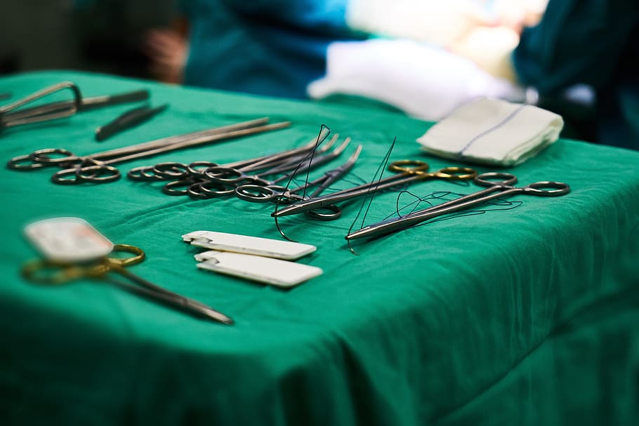herramientas de cirugía, tijeras, cirugía, quirófano, emergencia, verde, anestesia, bisturí, cuchillo, médico