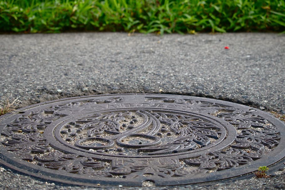manhole cover, street, manhole, road, sewer, cherry, industry, metal, day, focus on foreground