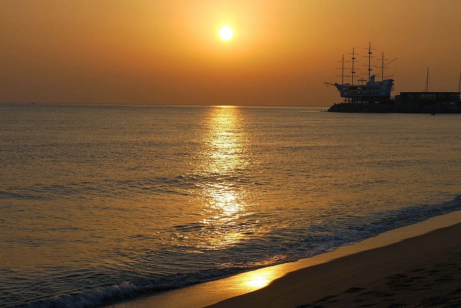 boat, dock, sunset, Solar, Sunrise, Japan Sea, Sand, sea, bathing beach, gangneung