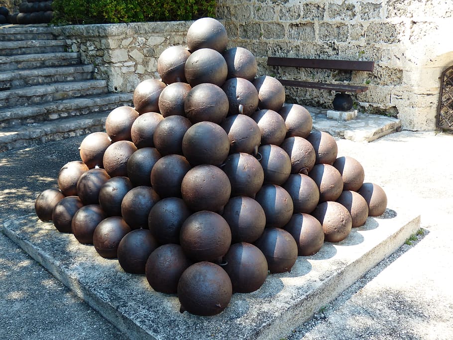 cannon balls, balls, iron, metal, hard, shoot, piled up, day, nature, sunlight
