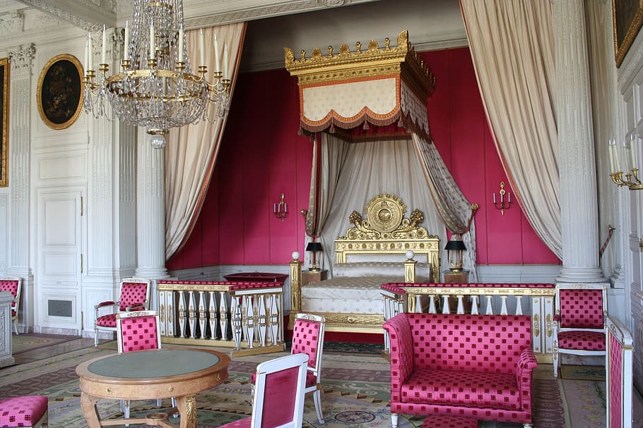 paris, versailles, bedroom, pink, royal, female, architecture, curtain, indoors, seat