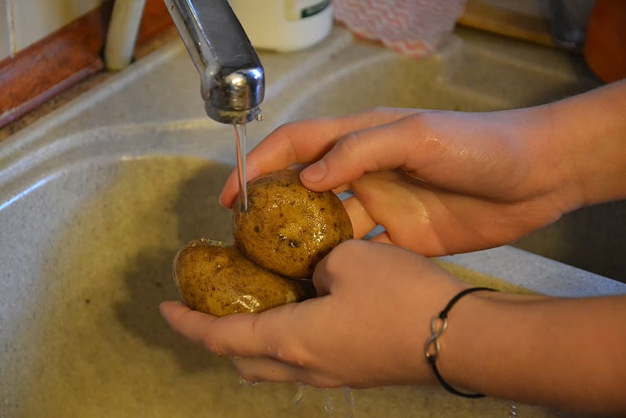 person cleaning potatoes, washing vegetables, washing, the hand, kitchen, sink, washcloth, potatoes, potato, bulb
