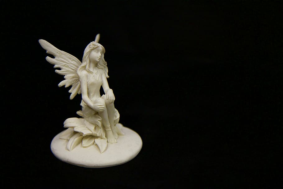 shallow, focus, white, ceramic, angel figurine, art, figure, angel, studio shot, black background