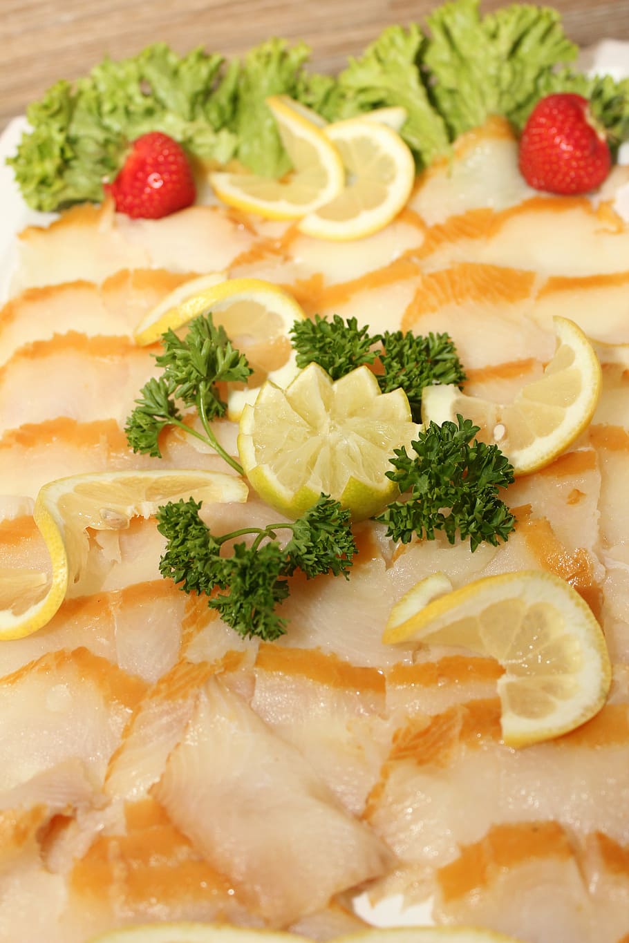 greenland halibut, fish, halibut, buffet, cold buffet, lemon, parsley, salad, strawberries, food and drink