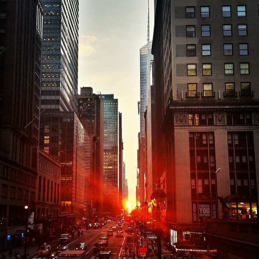 Coches, carretera, rodeado, rascacielos, edificios, dorado, foto de hora, ciudad, Manhattan, puesta de sol