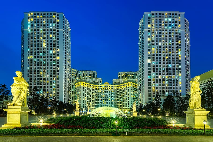 blue, green, lightened, buildings, hanoi, vietnam, city, urban, skyline, cityscape