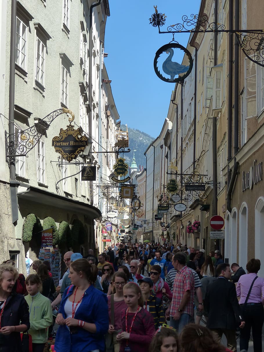 Getreidegasse, Alley, Road, Salzburg, turis, wisatawan, manusia, pelancong, hari, belanja