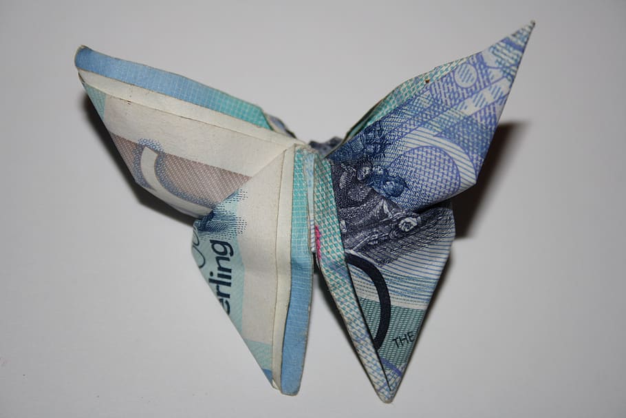 billete de banco, libras, gibraltar, dinero, moneda, mariposa, origami, euro, británico, negocios
