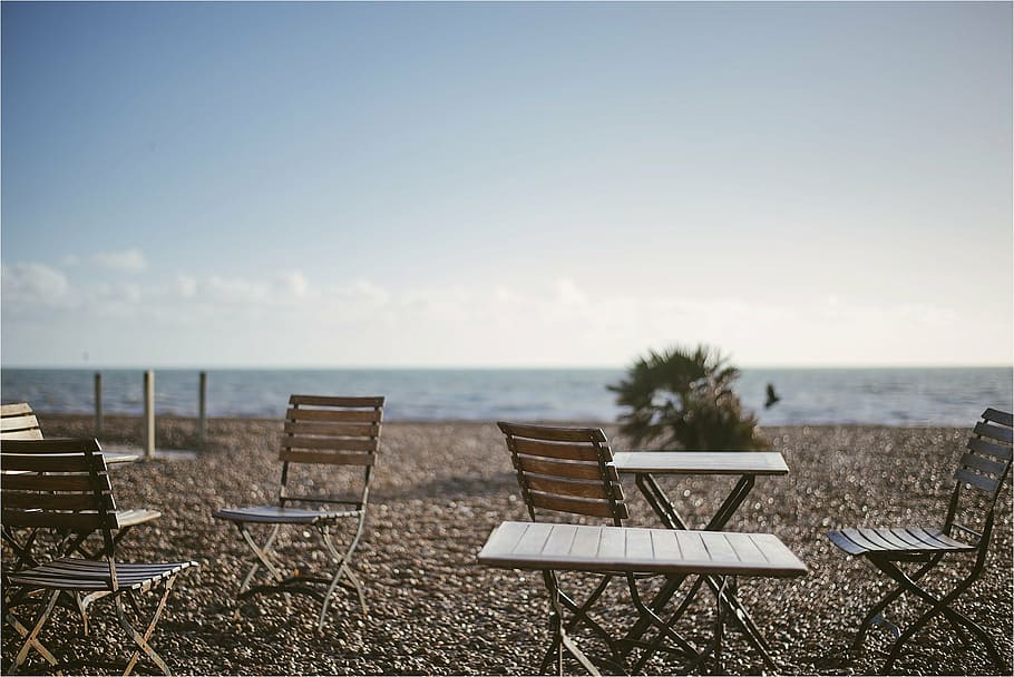 empty, tables, chairs, brown, soil, daytime, sea, ocean, water, nature