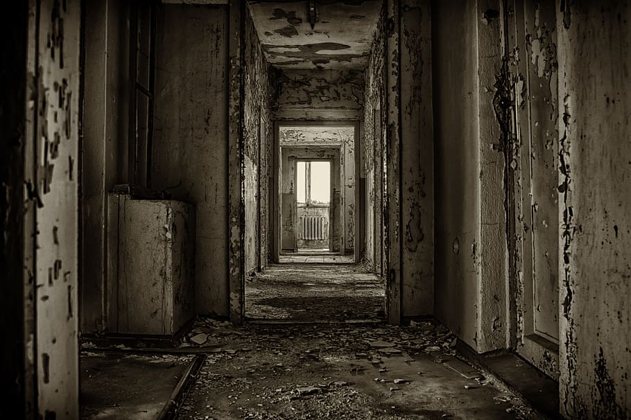 white, gray, hall way, home, floor, room, gang, gloomy, pforphoto, lost places