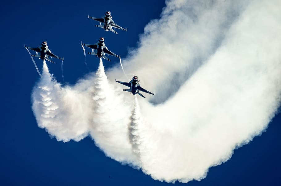 quatro, cinza, aviões, partindo, branco, contrails, show aéreo, thunderbirds, formação, militar