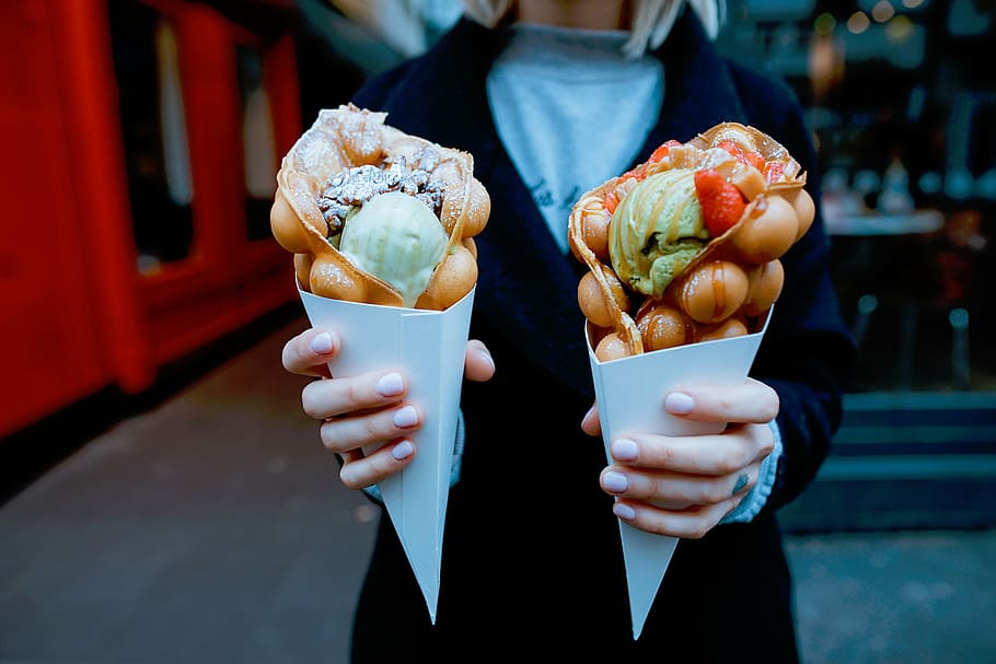 woman, holding, two, crepes, street, food, dessert, sweets, gelato, ice