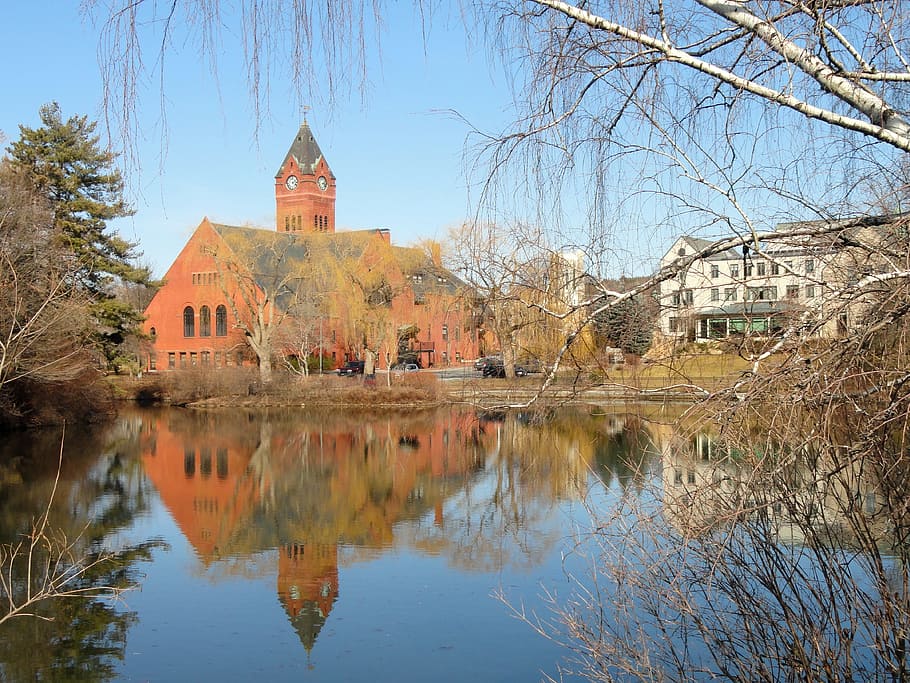 Massachusetts, Pond, Water, Reflections, sky, clouds, church, buildings, nature, outside