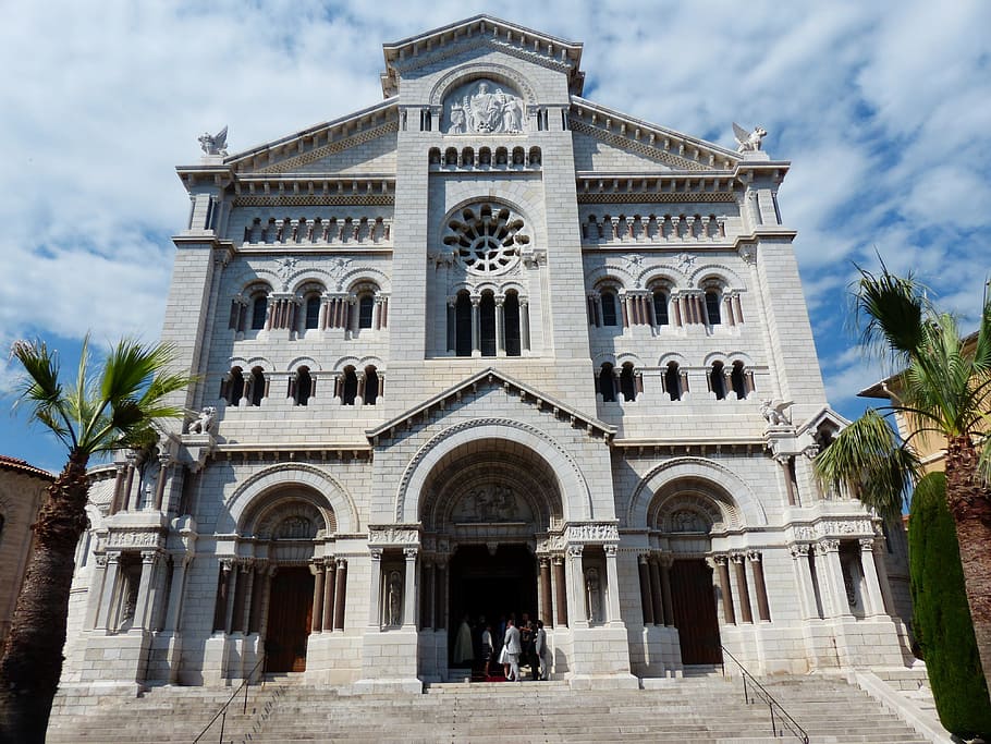 low-angle photography, gray, concrete, cathedral, cirrus clouds, notre dame immaculée, monaco, city, main church, principality of monaco