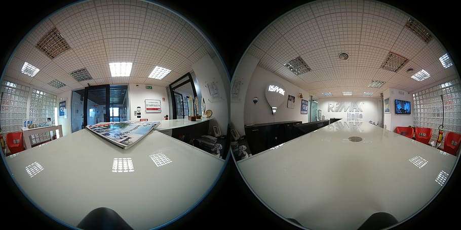 two, fish-eye lens photos, table, inside, buildings, spherical 360 degree photo, office, desk, company, 360