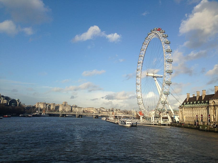 london eye, london, blue sky, attraction, colorful, architecture, ferris wheel, built structure, amusement park, city