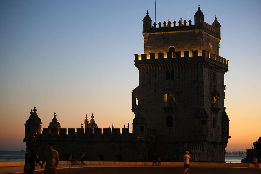 belém tower, lisbon, portugal, building exterior, architecture, sky, built structure, the past, history, group of people