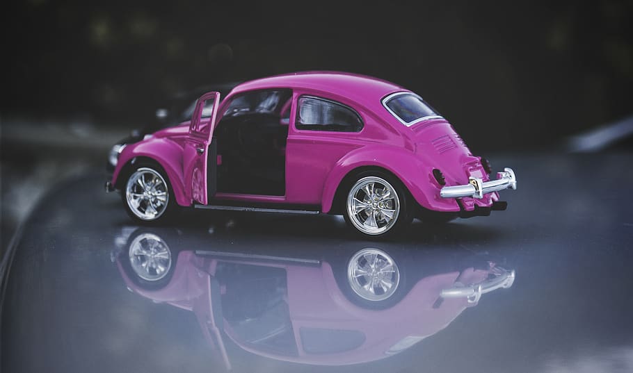 pink, car, small, toy, cab, transportation, vehicle, play, display, reflection