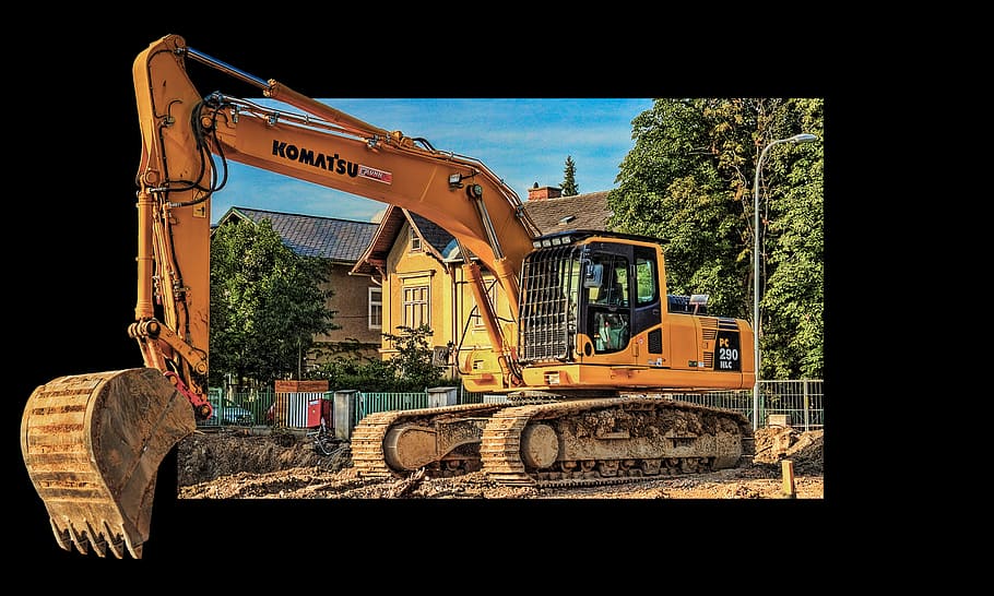 yellow komatsu excavator, excavators, site, construction machinery, demolition, backhoe bucket, construction vehicle, dredge, construction work, construction industry