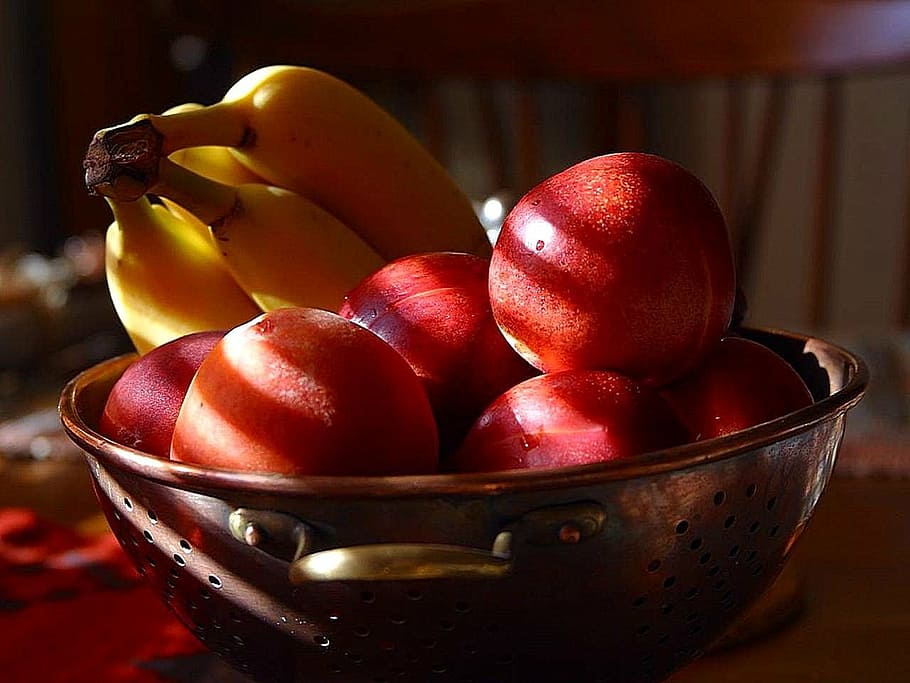 assorted, fruits, grey, steel tray, fruit bowl, apple, bananas, still life, fruit, vitamins