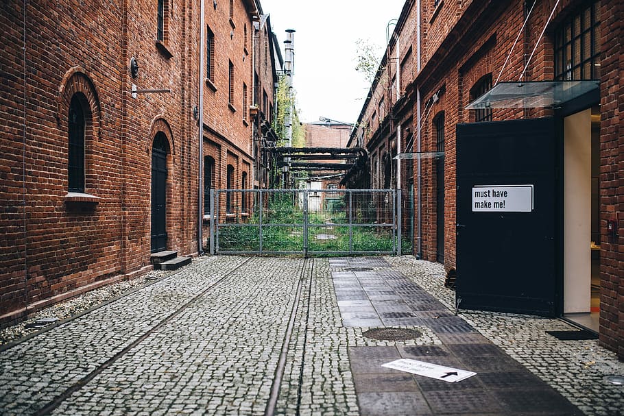 entrance, gallery, abandoned, factory, bucket, cobblestone, red, brick, pavement, path