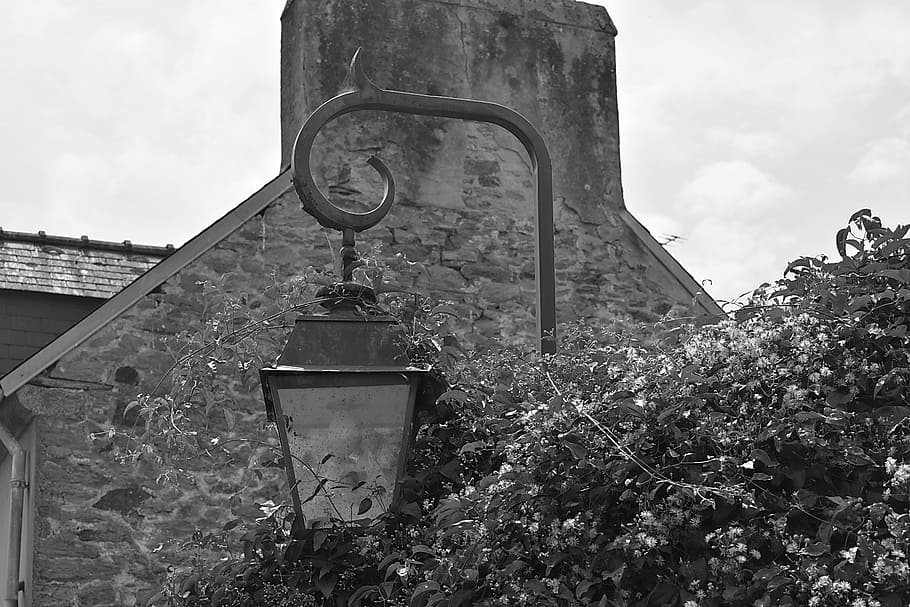 lamp, light, floor lamp, village, france, iron, forged, sky, electricity, luminaire