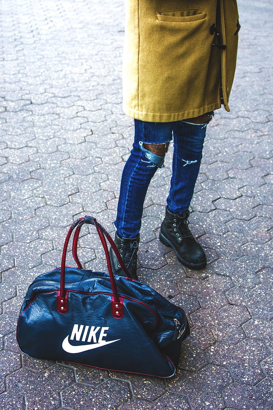 person, standing, black, nike duffel bag, Clothing, Fashion, Nike, Style, bag, walking